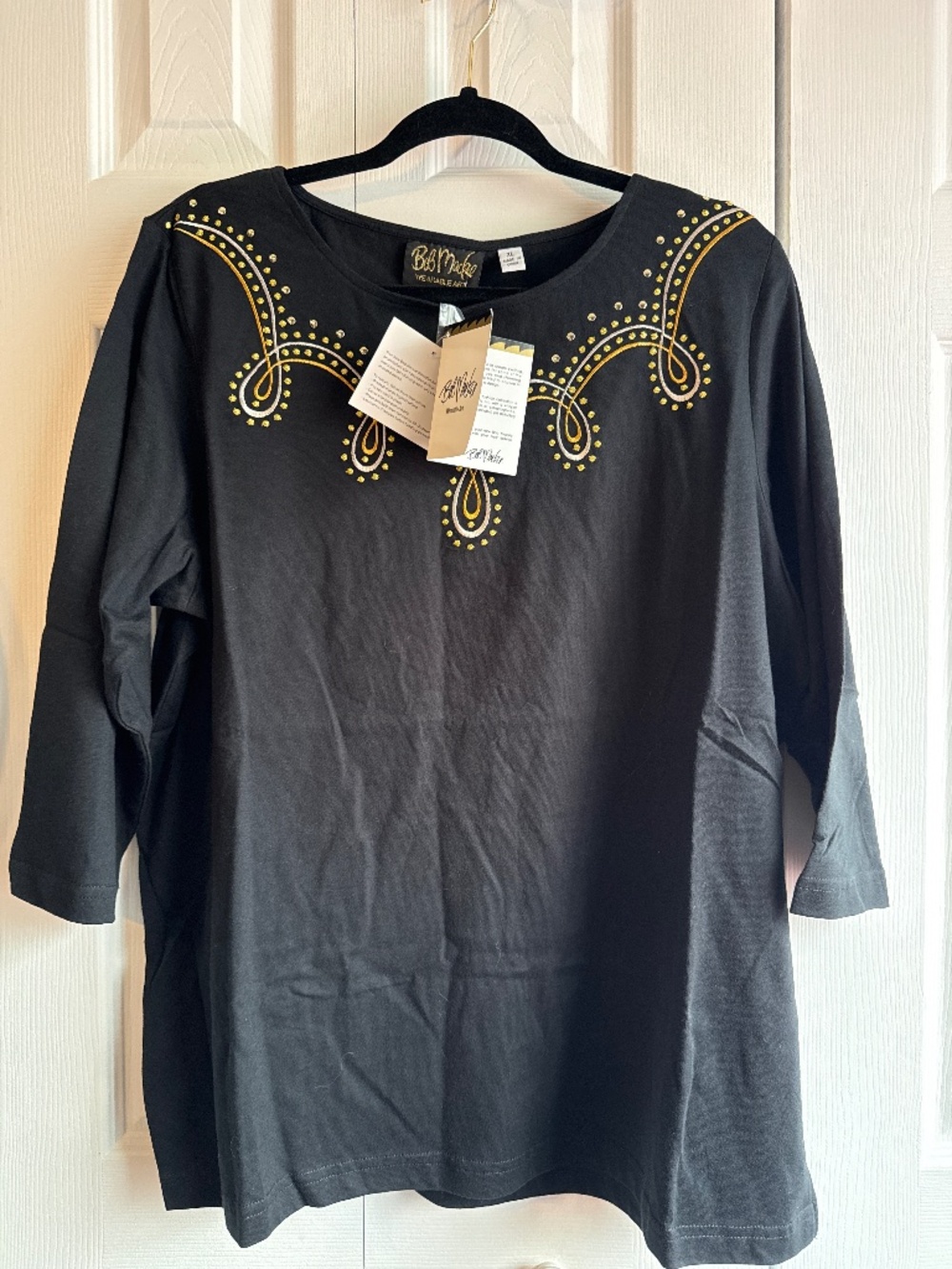NWT Bob Mackie Embellished Black Gold & Silver Top Size XL